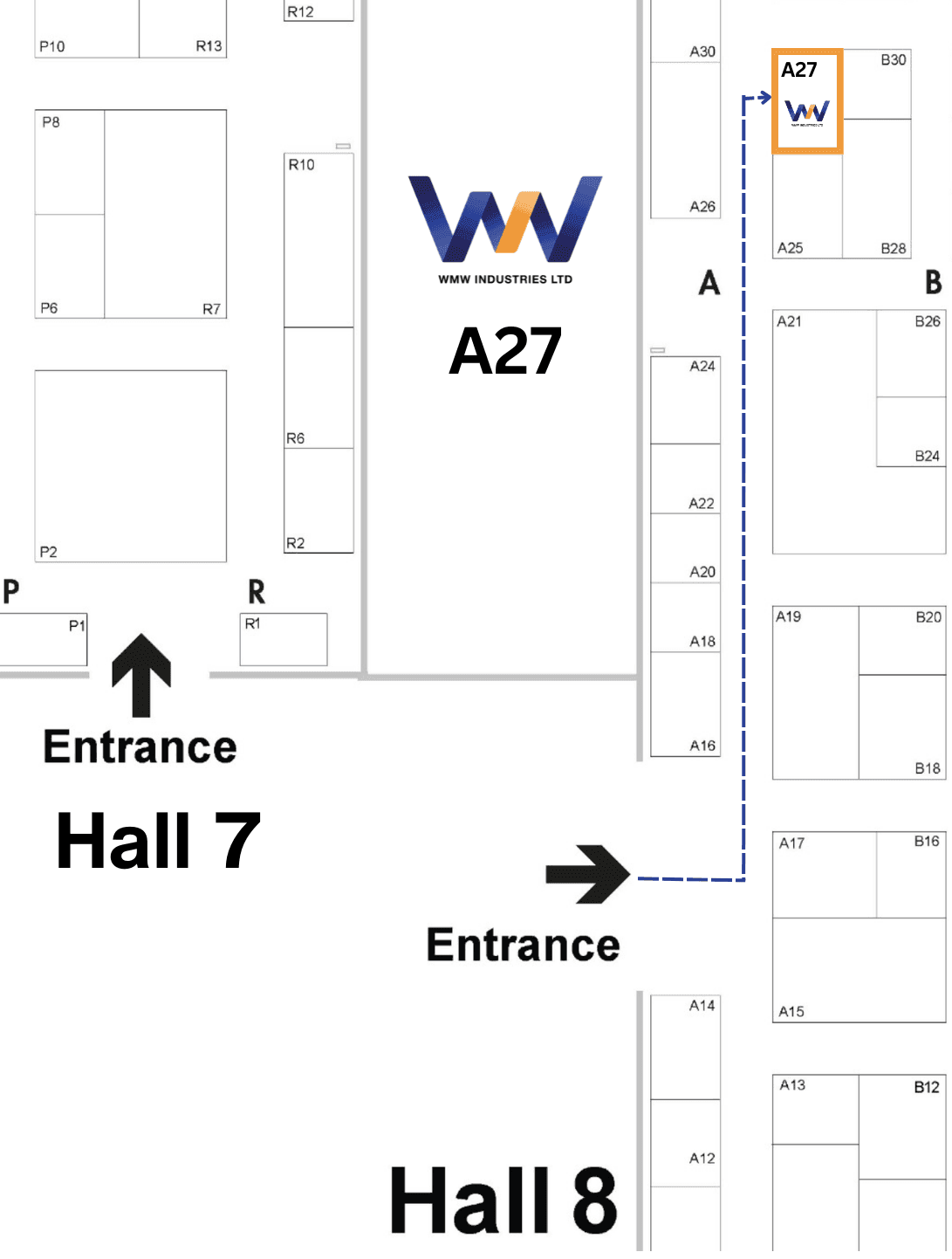 FILTECH 2026 Hall 8 floor plan — WMW Industries Booth A27 highlighted